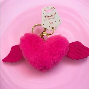 Crystal Collection Hot Pink Fuzzy Heart Keychain with Wings